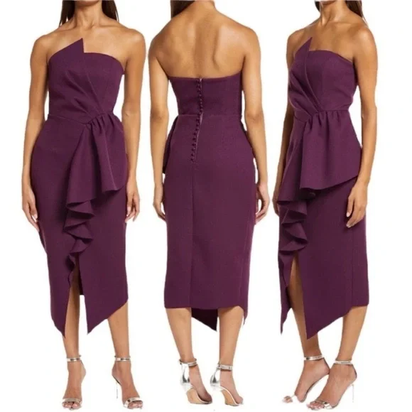 Elliatt Reception Cascade Ruffle Strapless Structured Cocktail Midi Dress Small - Picture 8 of 16